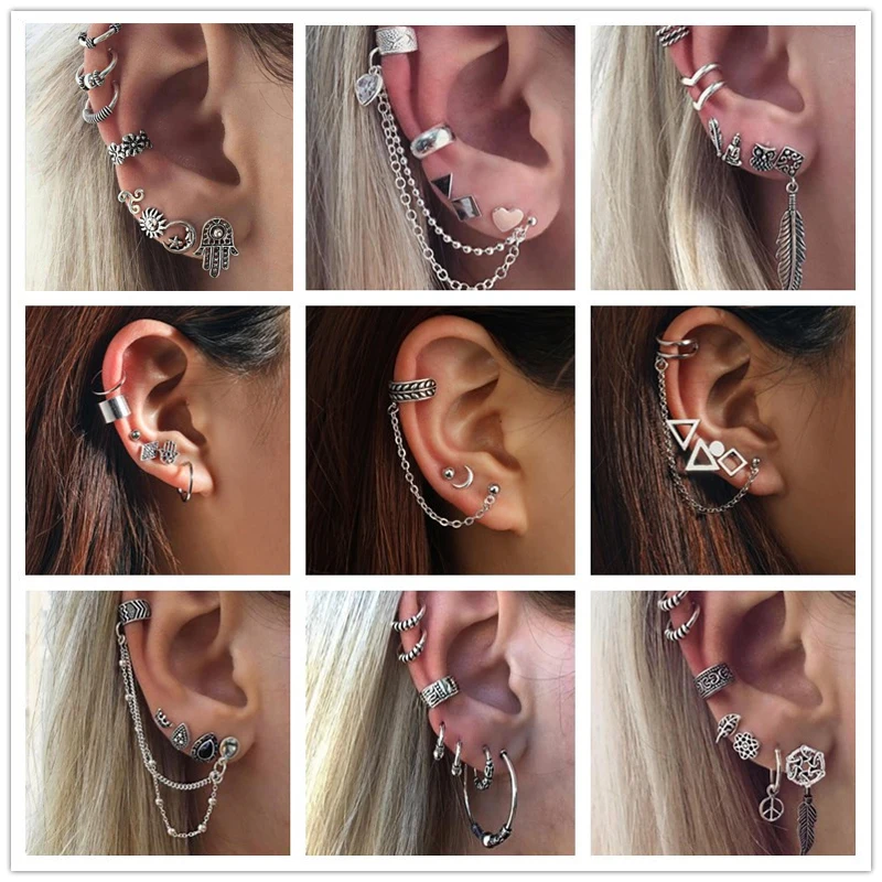 Tocona, Винтажный серебряный геометрический Комплект сережек для женщин, Модный кристалл, камень, сердце, цветок, лист, цепочка, богемное ювелирное изделие