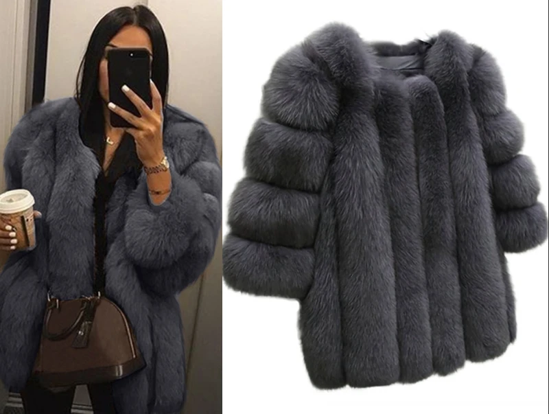 Dark gray Женское зимнее пушистое пальто из искусственного меха Толстая имитация меха лисы вечерние пальто женская теплая верхняя одежда из искусственного меха Элегантная куртка - Цвет: Dark gray