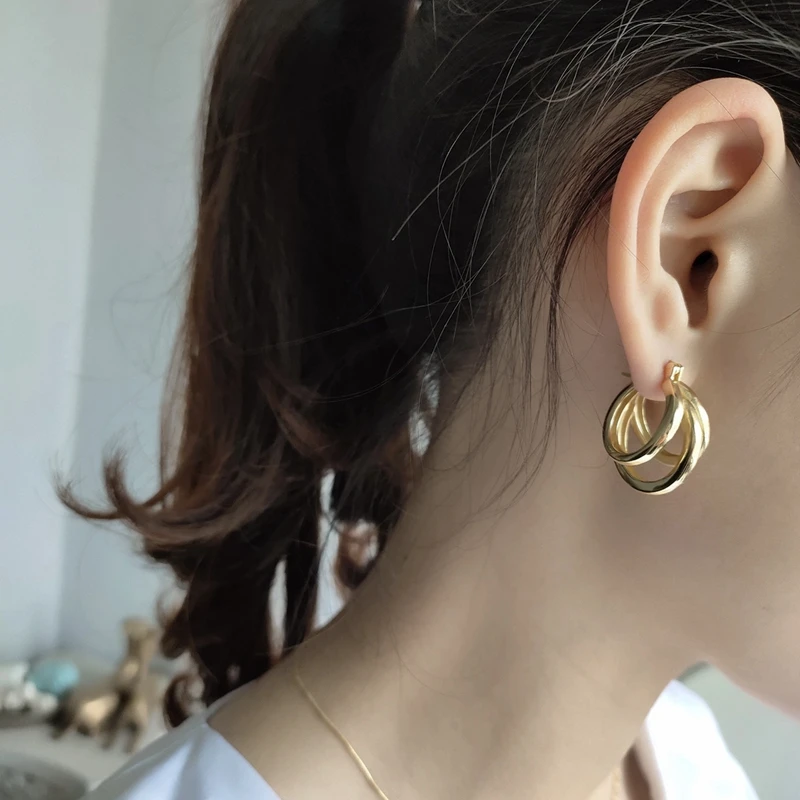 

3-round Overlapping Earrings 100% 925 Sterling Silver Women Gold Earring Ear Buckle Hoops Earring Fashion Premium Luxury Jewelry