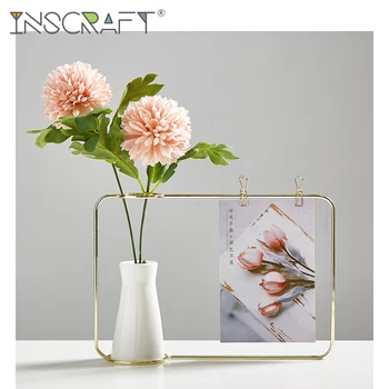 

Geometric Wire Photo Frame for Desktop Decorative Matte Brass Picture Frame with a Beautiful Flower Ceramic Vase