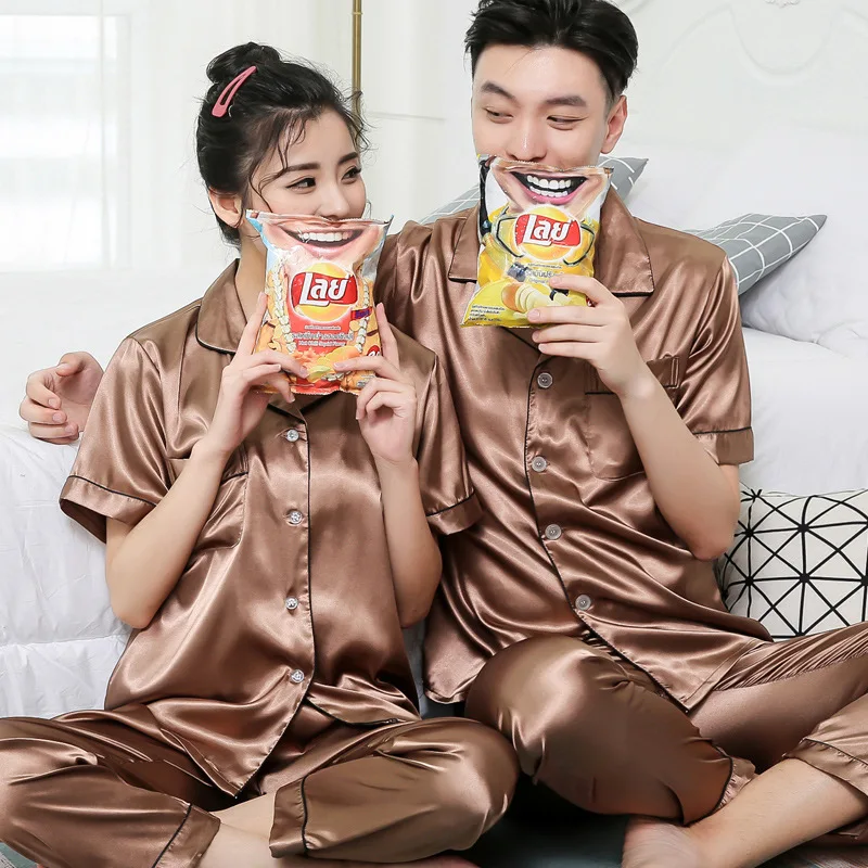 

Couples Pajamas Summer Viscose Women's Sexy Thin Short Sleeve Men Korean-style Model Silk Homewear Set Large Size
