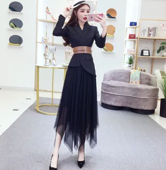 

2019 autumn winter women irregular blazer suit belt asymmetric jacket + mesh skirt two piece outfits office lady