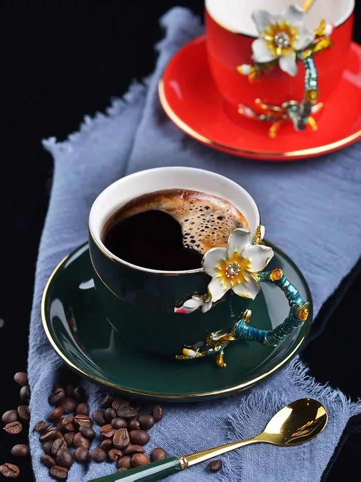 Ceramic Enamel Coffee Cup and Saucer Handpainted Porcelain Tea Cup Set with Spoon Classic Drinkware Gift