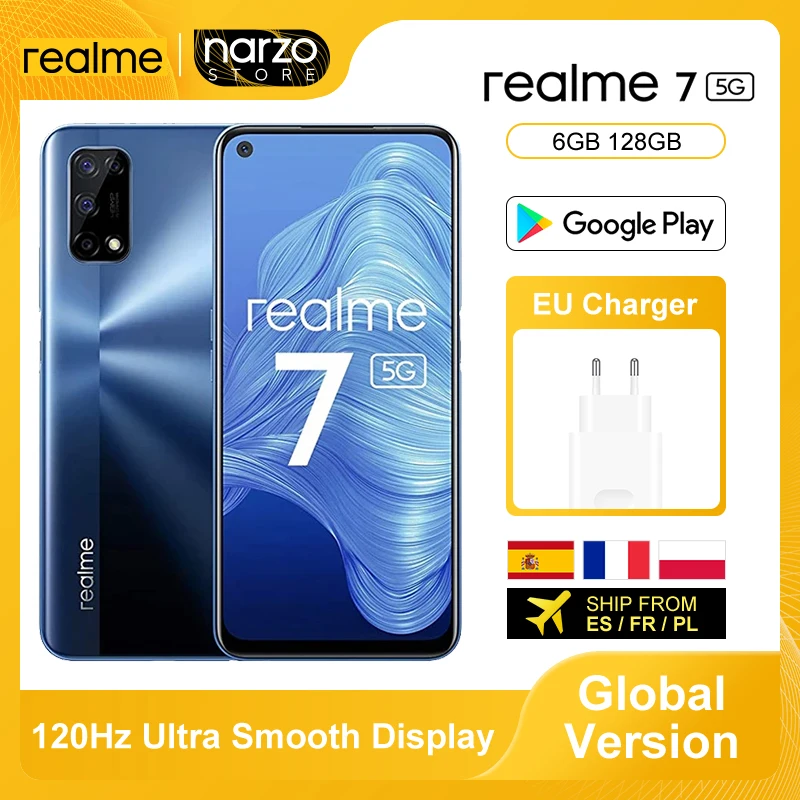 Глобальная версия Realme 7 5G смартфон 6 ГБ 128 Dimensity 800U 6,5 Дюймов 120 Гц Дисплей 48MP Quad камеры 5000 мА/ч, 30W Дротика заряда