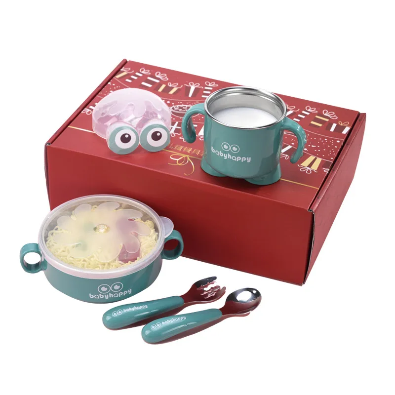 Creative Stainless Steel Tableware Gift Box Opening Promotion Children's Set Household Bowl Cup Fork Spoon | Мать и ребенок