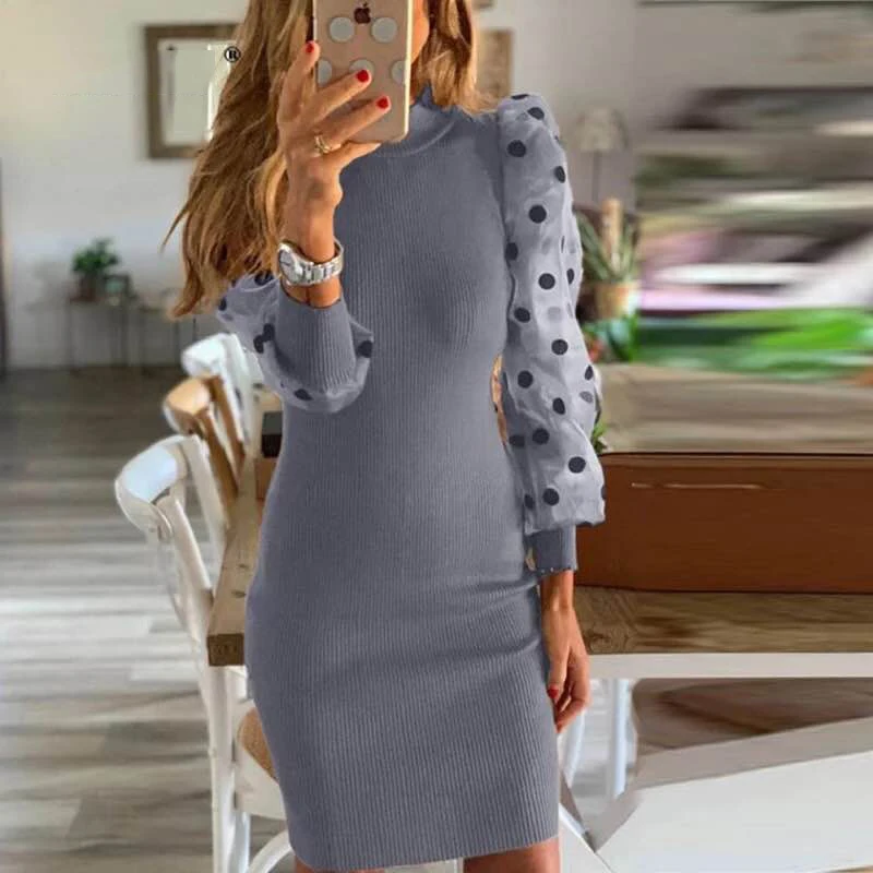 

Sexy Black Mesh Lace Knitted Long Sleeve Dress Women Spring Autumn Long Sleeve Transparent Polka Dots Pencil Mini Dress Vestido