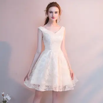 

Sweet Lace Bridesmaid Dress Fashion V-neck Sleeveless Wedding Party Gown Elegant Short Prom Dress Vestido Madrinha