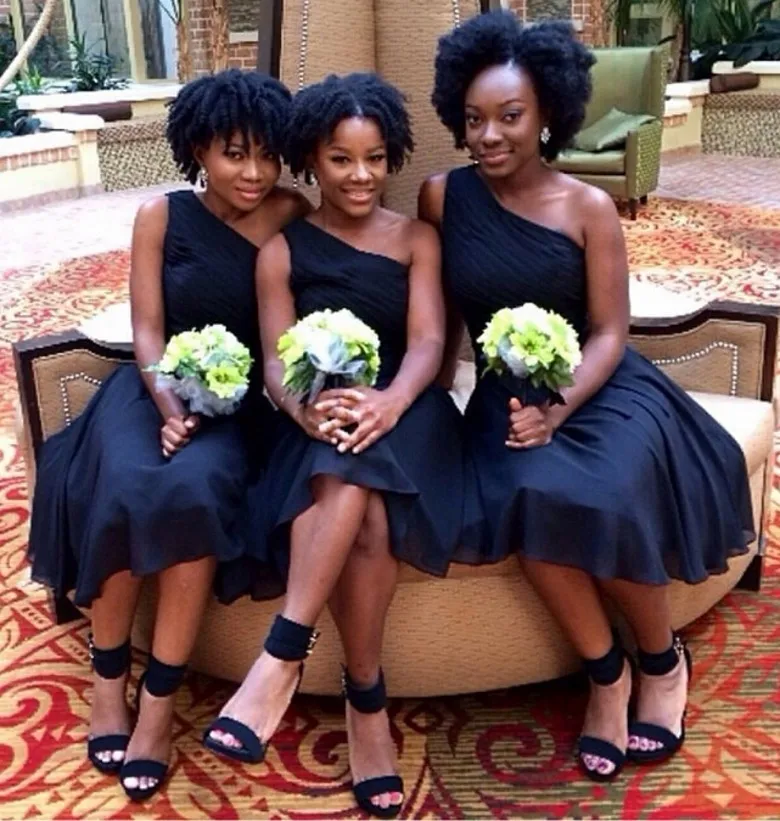 

Cheap Sexy one shoulder high quality handmade A line dark blue chiffon short bridesmaid dresses 2015 knee-length pleats party