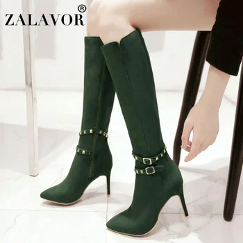 

ZALAVOR Knee High Boots Women Fashion Rivets Metal Buckle Casual Zipper Pointed Toe High Heel Shoes Women Keep Warm Size 31-43