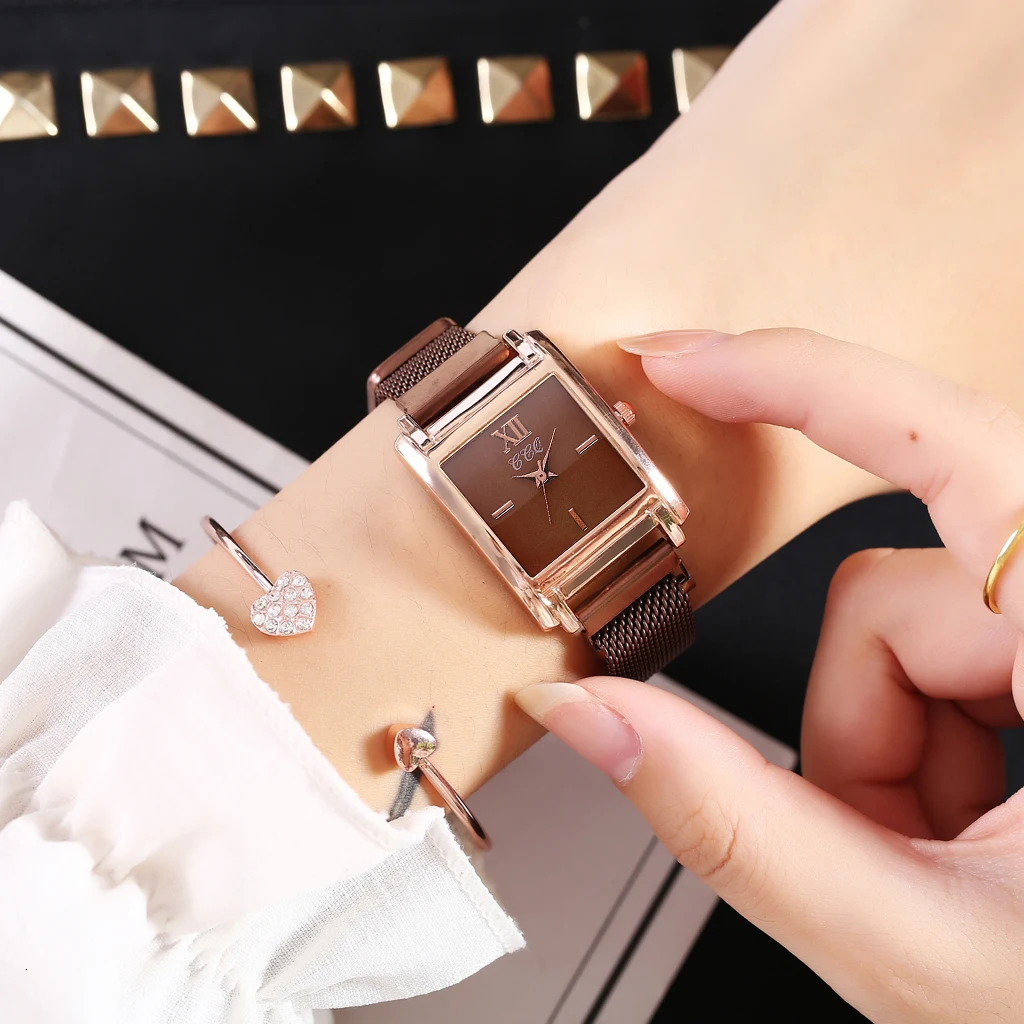 CCQ бренд Для женщин магнит традиционные женские сандалии с застежкой в римском стиле циферблат часы класса люкс женские квадратный чехол Форма кварцевые часы Relogio Feminino