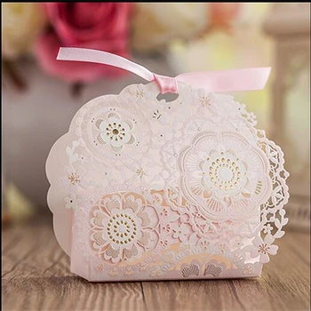 

50pcs Elegant Romantic Event Party Pink Lace Flower Ribbon Paper Laser Wedding Decoration Birthday Engagement Candy Favors Box