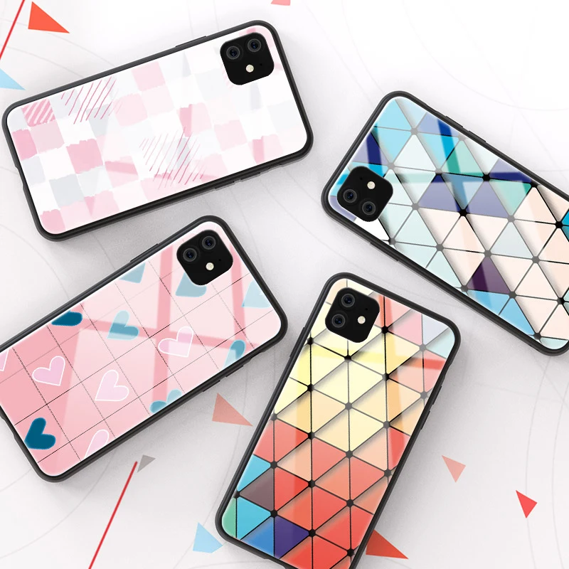 

Tempered Glass Phone Case For iPhone 11 2019 On iPhone 11 Pro Max 3D Colorful Grid Soft Edge Cover