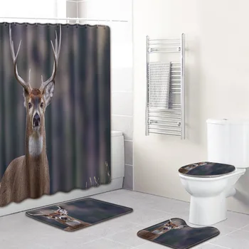 

NEW Christmas moose Shower Curtain 4 Piece Carpet Cover Toilet Cover Bath Mat Pad Set Bathroom Curtain 12 Hooks