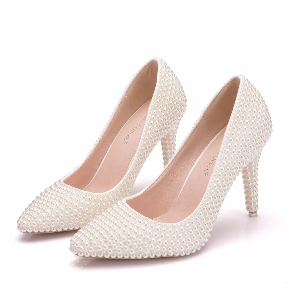 9cm stiletto pointed large size single shoes pearl beaded wedding shoes bridesmaid bride shoes temperament elegant high heels