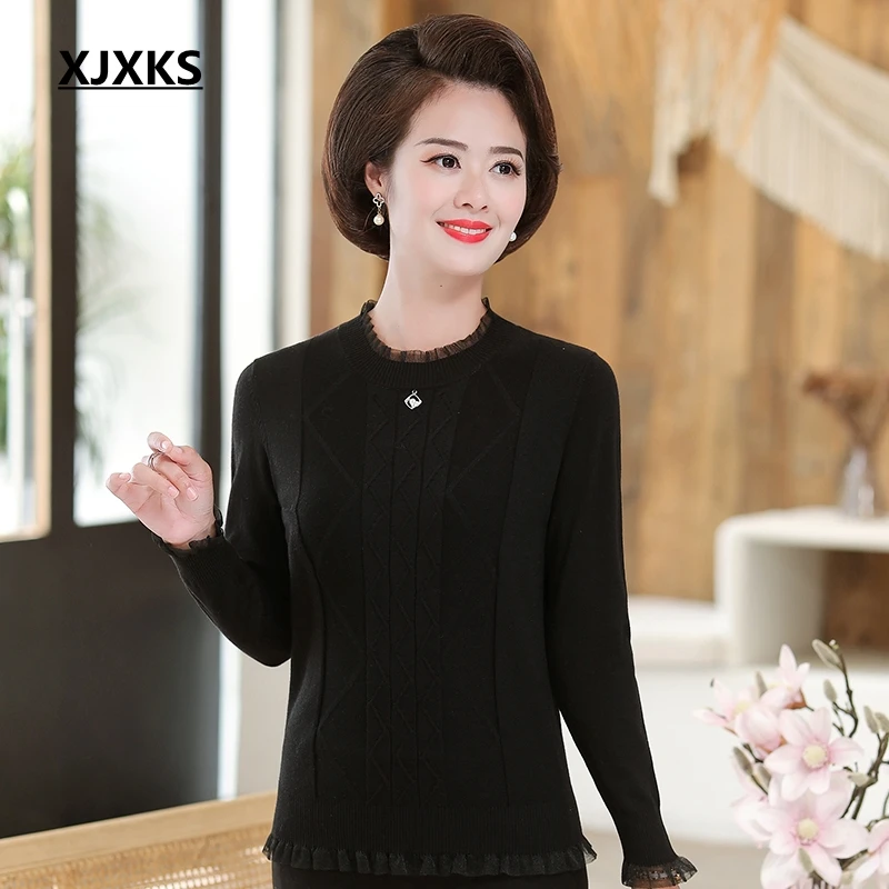 XJXJS вязаный свитер женский джемпер Новинка Осень Кружева Pull Femme Hiver однотонный эластичный удобный негабаритный свитер - Цвет: Черный