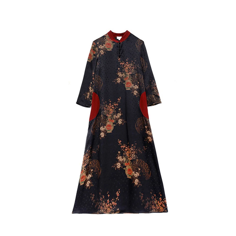Spring Autumn Chinese style dress for women long Full sleeved dress ladies improved cheongsam dress Printing fragrant cloud yarn