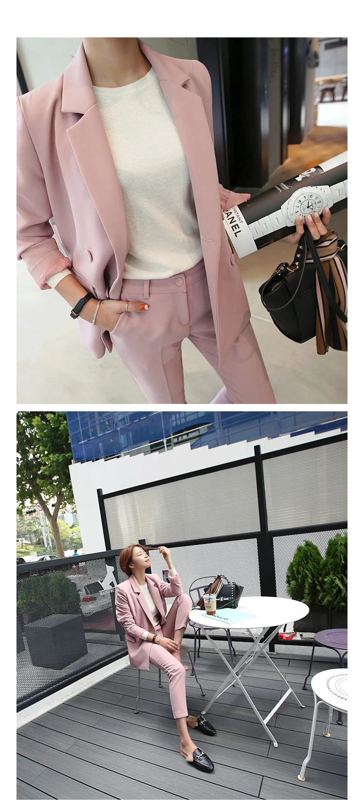 S-2XL размера плюс, элегантный брючный костюм, женский Повседневный блейзер с длинным рукавом+ узкие брюки на пуговицах, Женский комплект 2 шт., осенняя Розовая Одежда