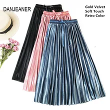 DANJEANER плиссированные юбки цвета металлик Весна Осень Женские Ретро золотые бархатные длинные юбки Kawii Высокая талия бант Повседневная Макси юбка