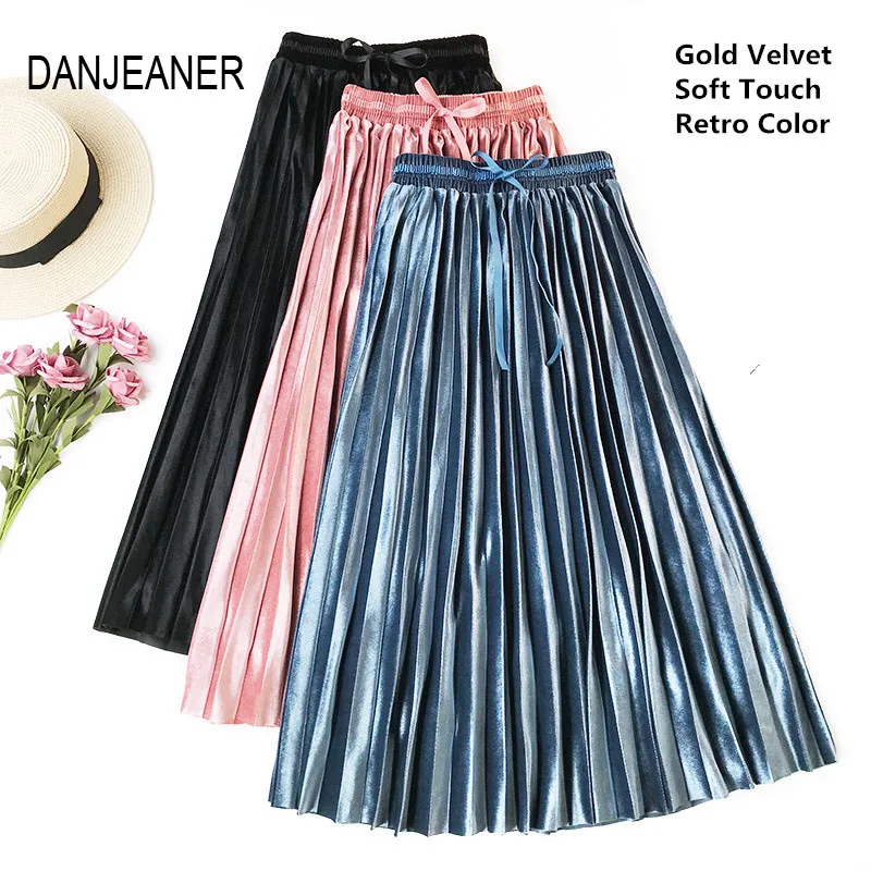 

DANJEANER Metallic Color Pleated Skirts Spring Autumn Women Retro Gold Velvet Long Skirts Kawii High Waist Bow Casual Maxi Skirt