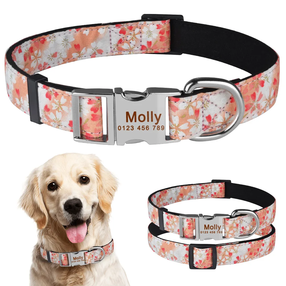 

Personalized Dog Collar Durable Nylon Floral Custom Engraved Dogs ID Name XS-L