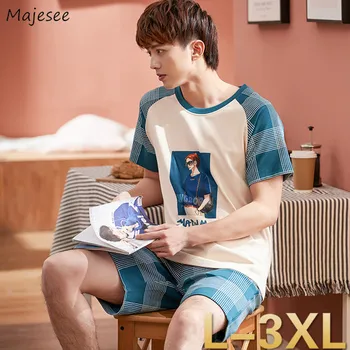 

Pajama Sets Men Summer Patchwork Short-sleeve Printed Mens Breathable Loose Clothing Sleepwear Male Large Size 3XL Fashion Chic