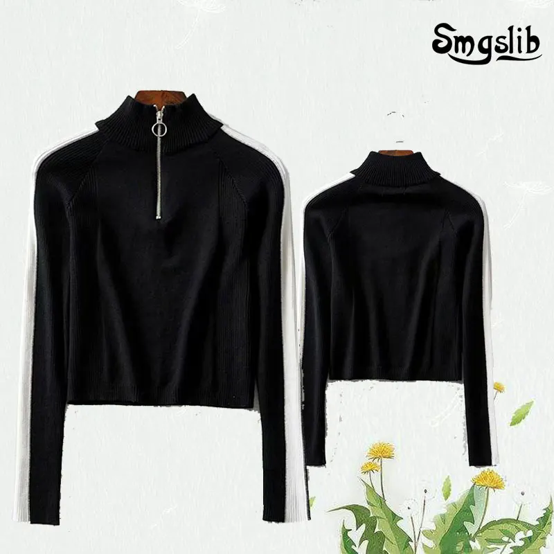 

side stripe casual crop sweater women autumn 2019 turtleneck long sleeve jumpers pullover knit cropped sweaters mujer