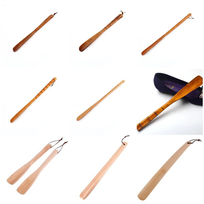 14Styles Useful Shoe Lifter Craft Wooden Shoe Horn Wood Long Handle Shoehorn Lifter With Hanging Rope For Shoes Accessorie Horns