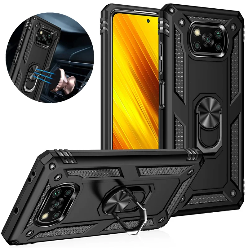 Funda de teléfono para Xiaomi Pocophone Poco X3, soporte de armadura a prueba de golpes, NFC, anillo de coche, para Mi Poco X3 Pro