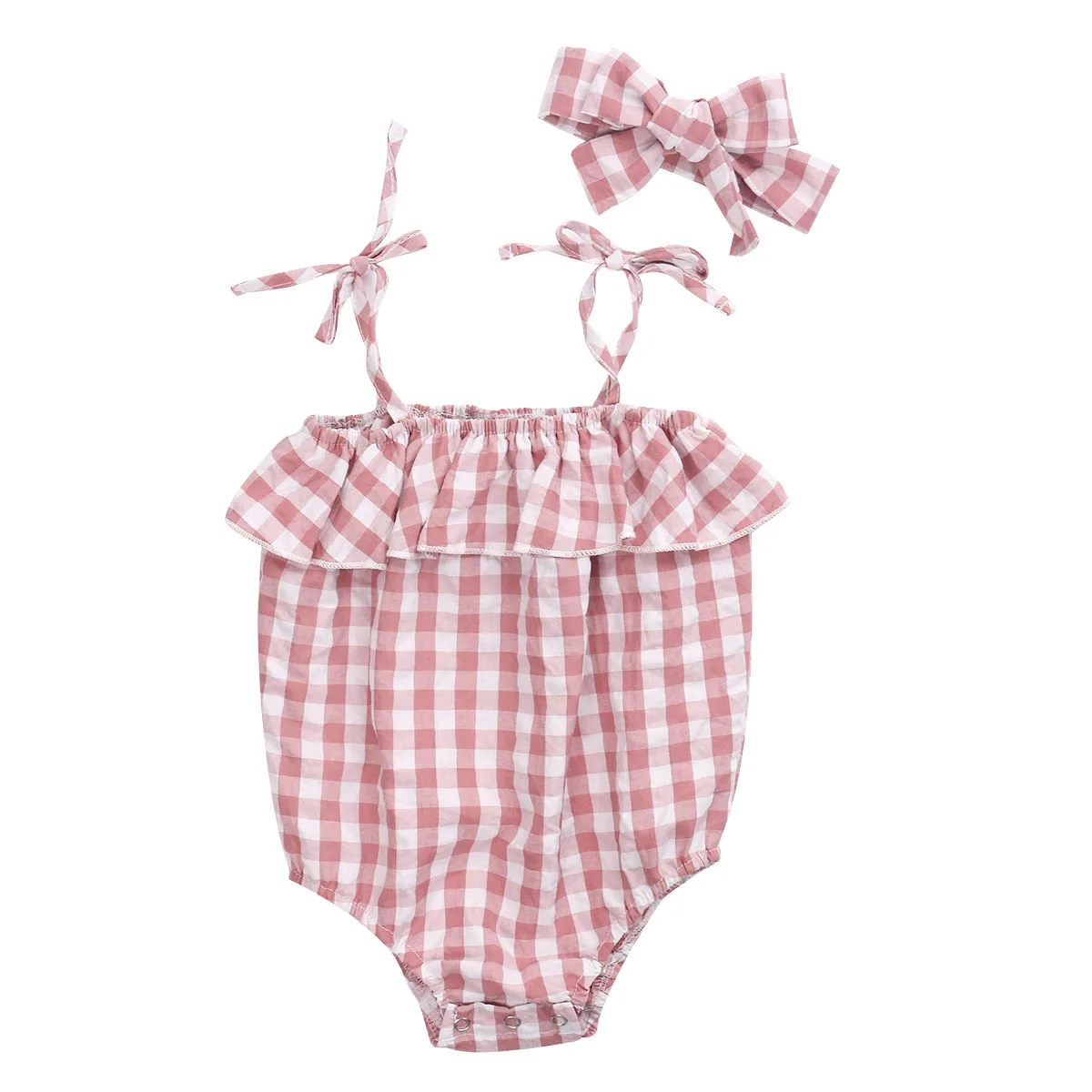 Baby Girls Romper Sleeveless Plaid Pattern Sling Straps Lotus Leaf Design Button Closure Jumpsuit with Bow Hair Band carters baby bodysuits	 Baby Rompers