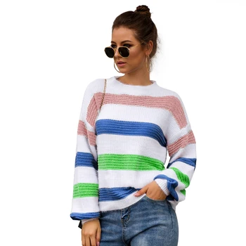 

2019 Crewneck Sweaters Pullover Women Round Neck Lantern Sleeve Color Block Striped Soft Casual Jumper Winter Autumn Knitted Top