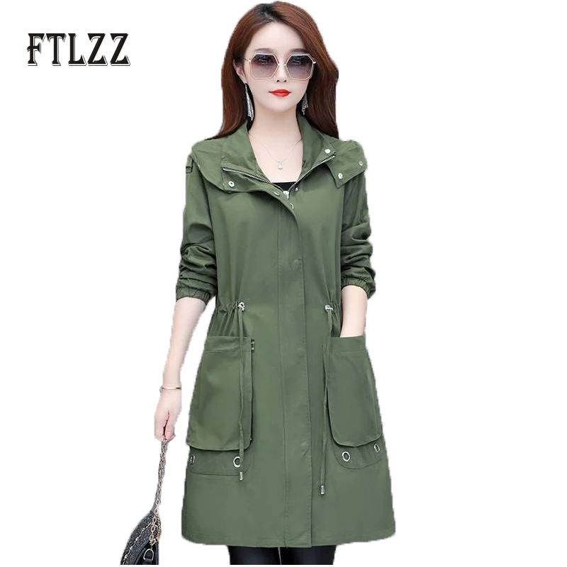 Женский модный длинный плащ Новинка весна осень тонкий с капюшоном на молнии