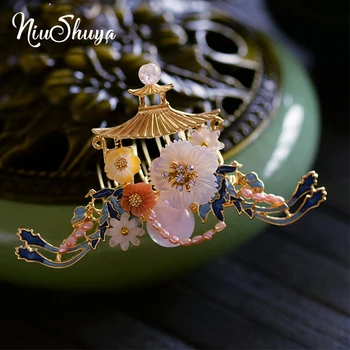 

NiuShuya Chinese Vintage Porcelain Hair Comb Flower Gold Pavilion Costume Hanfu Wedding Bridal Hair Accessories