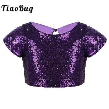 

TiaoBug Girls Children Cap Sleeves Sparkly Sequins Crop Tops for Kids Jazz Gymnastics Ballet Stage Performance Dance Costume