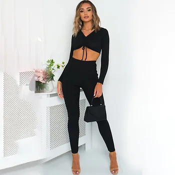 

Long-sleeved drawstring hang strip casual suit 2020 summer sexy exposed navel big V-neck display chest T-shirt suit