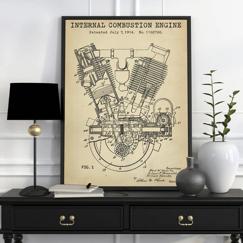 Spacke-De-Motor-Blueprints-Print-Sears-Dreadnought-Twin-Poster-Motorcycle-Engine-1914-Patent-Canvas-Painting-Garage