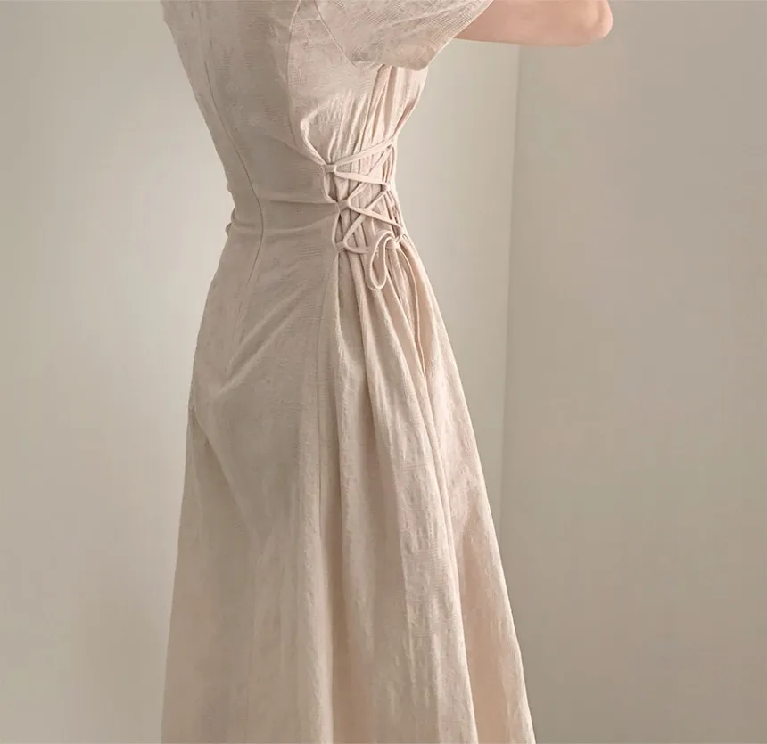 Женские летние платья длинное корейское японское стильное дизайнерская лента с бантом на талии ТРАПЕЦИЕВИДНОЕ хлопковое льняное винтажное платье 7326