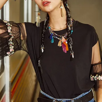 

XUXI Women T-shirt 2019 New Round Neck Black Five-point Sleeve Tshirt Perspective Mesh Lace Embroidery Print Cotton Tops FZ700