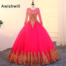 Выполненное на заказ платье для выпускного вечера с длинным рукавом, бальное платье, длина до пола, Золотое кружево, тюль, ярко-розовое официальное вечернее платье, пышное платье для женщин