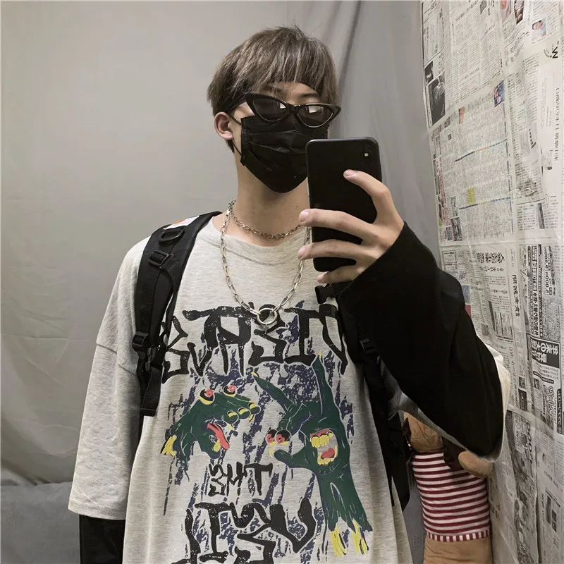 fall Vogue personality long sleeve t shirt men Dinosaur print Patchwork Long sleeve Loose hip hop Vogue men clothes 2019 Vintage
