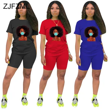 

Character Letter Print Sexy 2 Two Piece Set Summer Clothes For Women O Neck Short Sleeve T Shirt And Biker Short Matching Suits