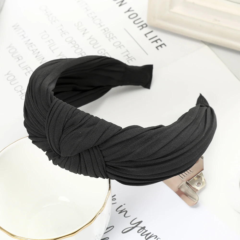 Корейская широкая повязка на голову для девочек, милая ткань, завязанная повязка на волосы обернутые волосы, аксессуары ручной работы, плиссированные скрученные узелки, стильный головной убор - Цвет: G black