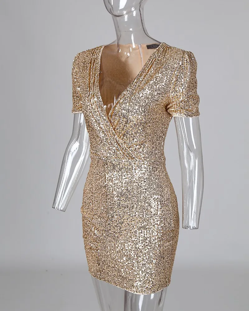 Блестки короткий рукав Ruched Bodycon платье сексуальное женское с v-образным вырезом для клуба Vestidos