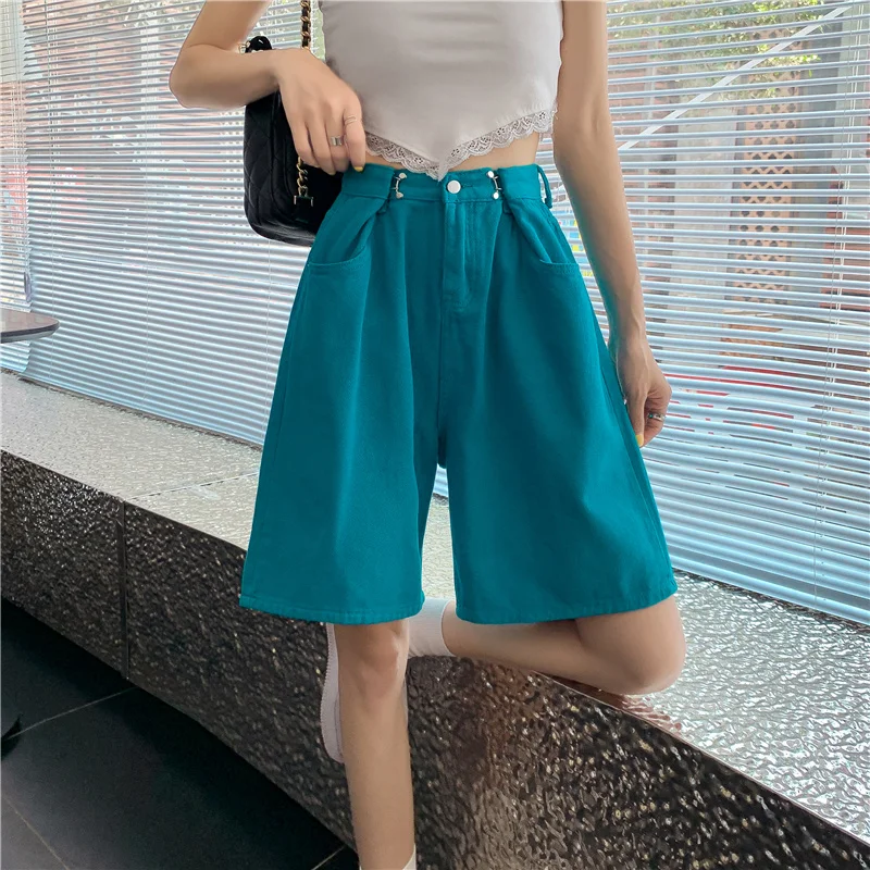 Capri Green Pink Denim Shorts Women High Waist Knee Length Rolled Up Cargo Bermuda Shorts Trendy Summer Female Relax Fit Shorts