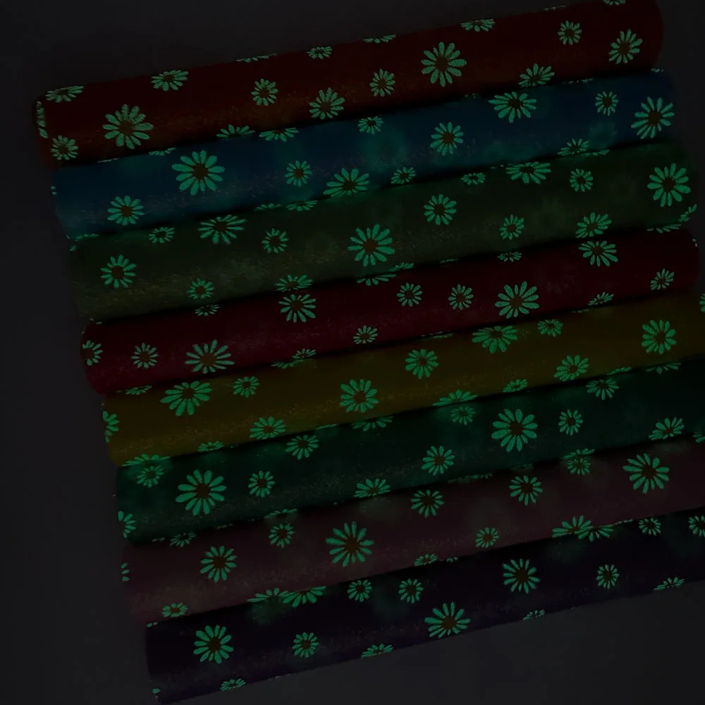 A4 20*30CM Glow in the dark Daisy Floral Printed Fine Glitter Faux Leather Sewing Fabric Sparkle DIY Craft Brooch Bows Earring