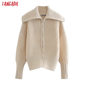 

Tangada women beige thick cardigan jumper zipper 2020 autumn winter oversized knitted cardigan coat 3N16