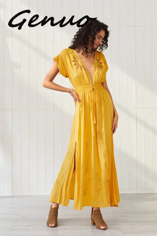 Genuo New New Women Clothes Boho High Waist V Neck Hollow Out Embroidery Short Sleeve Sexy Yellow Elegant Long Dress