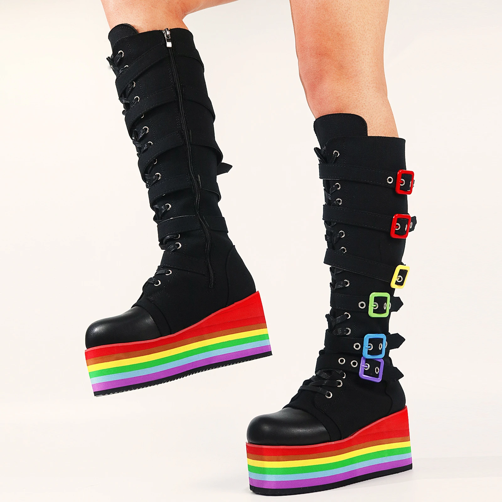 GIGIFOX Brand Big Size 43 Fashion Gothic Rianbow Platform Buckles Zipper Colorful Great Quality Motorcycle Boots Woman Shoes 