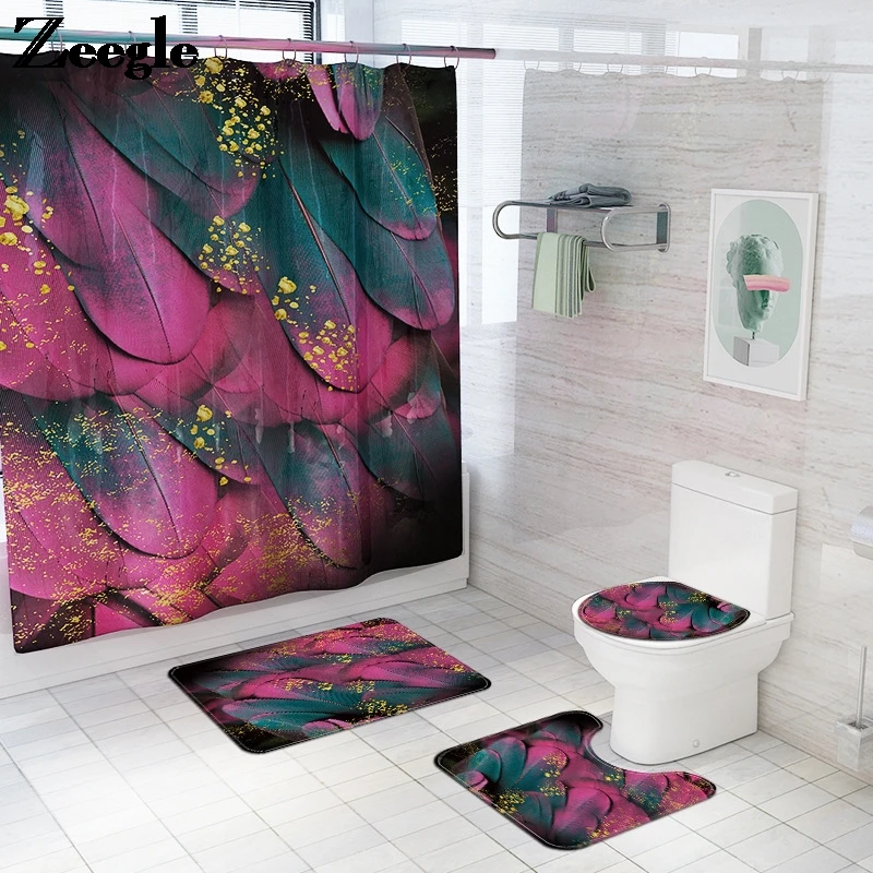 Microfiber Bath Mat Set Bathroom Carpet Flannel Shower Curtain Home Decor Toilet Mat U-Shaped Toilet Rug Anti-slip Floor Carpet