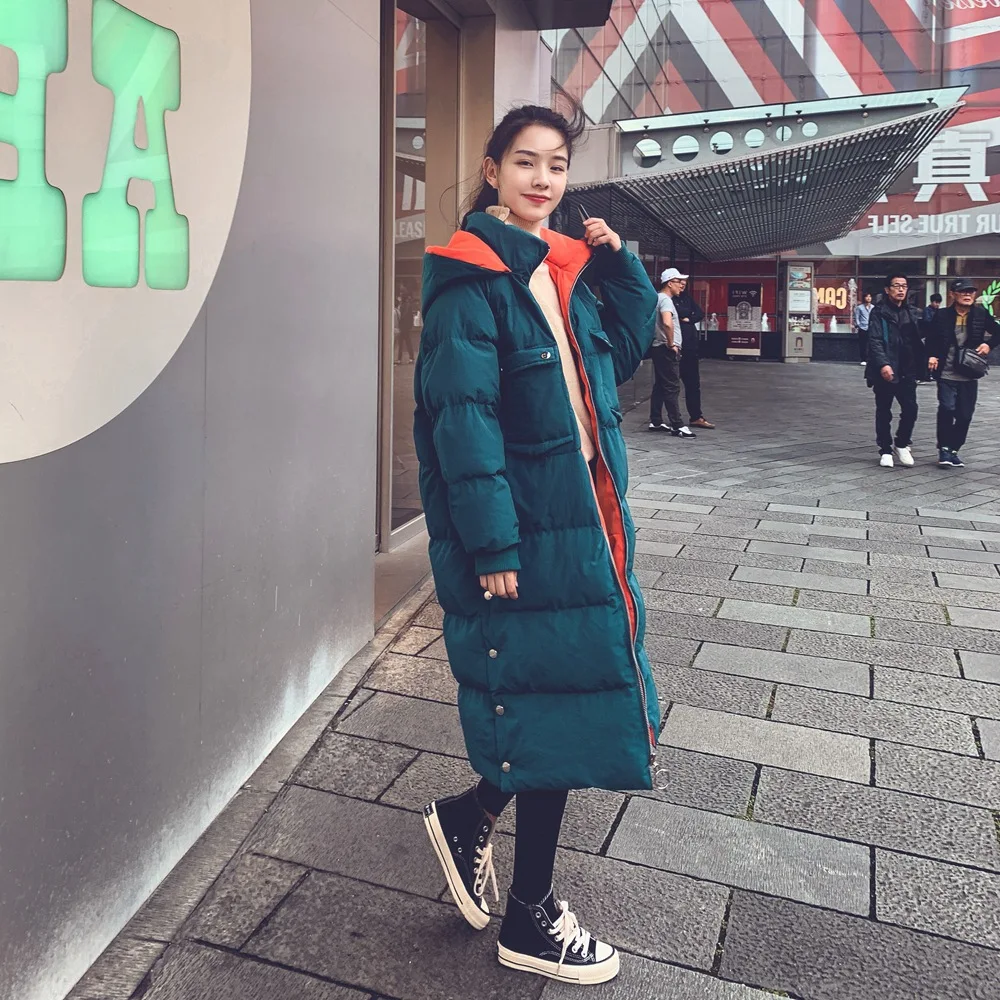 

2018 Winter New Style Korean-style WOMEN'S Wear-Style Retro CHIC Wind over-the-Knee Long Contrast Color Hooded Cotton Coat Cotto