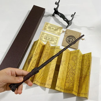 

Metal Core Harris Magic Wand with Wand Rack Pottered The Marauder's Map Hogwart Tickets Gingoot Coins Bag as Gift Box Packing